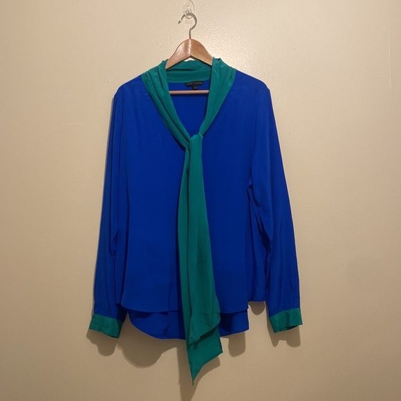 DORA LANDA Blue and Green Blouse . Size L - Picture 1 of 7